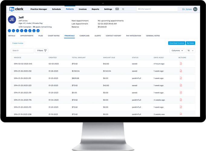 Patient File - 5 - Financials - Invoices Claims Subscriptions